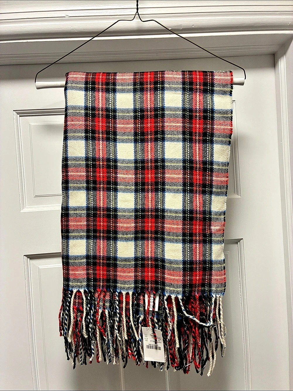 J.Crew Plaid Fringe Scarf Red & Cream NWT